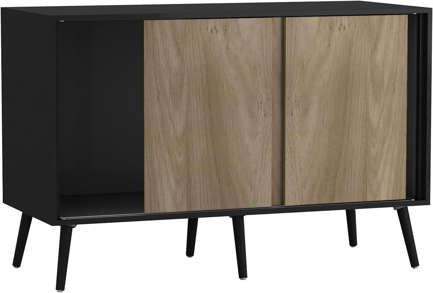 3 Oak Door Sliding Sideboard Cabinet Wooden Black Leg Modern Storage Organizer