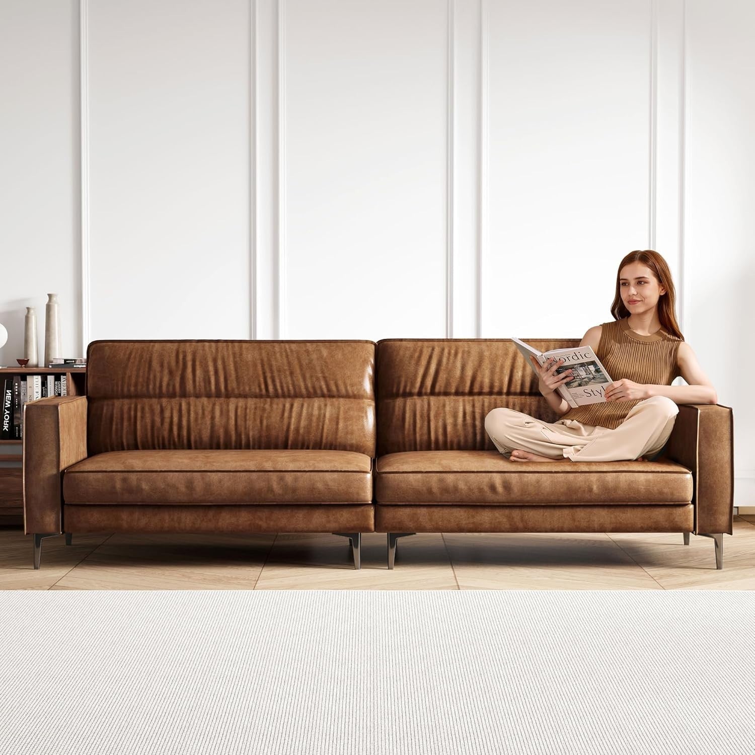 Luxury Brown Leather Sofa 3 Seater Modern Chesterfield Metal Legs 220cm