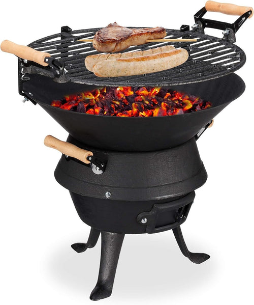 Cast Iron Charcoal BBQ Grill Adjustable Height Outdoor Garden Fire Pit Cooker