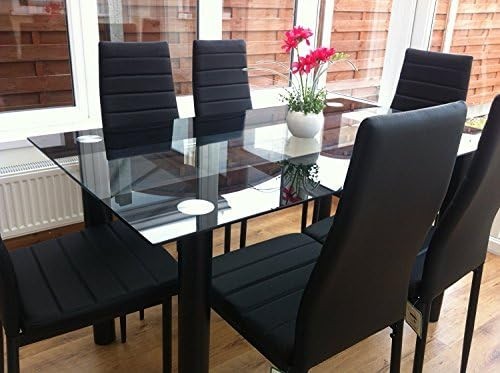 Modern Black Glass Dining Table + 6 Faux Leather Chairs 140x80x75cm