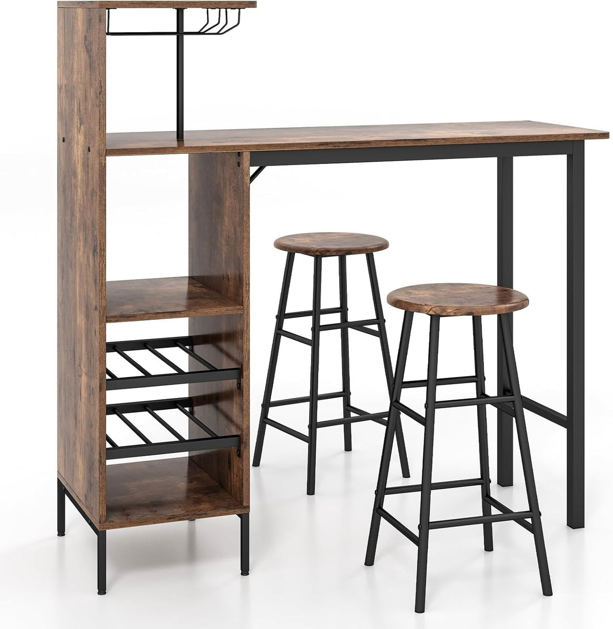 Rustic Brown Bar Table Set with Stools, Storage Shelves, Wine Rack & Foot Pads