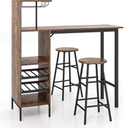 Rustic Brown Bar Table Set with Stools, Storage Shelves, Wine Rack & Foot Pads