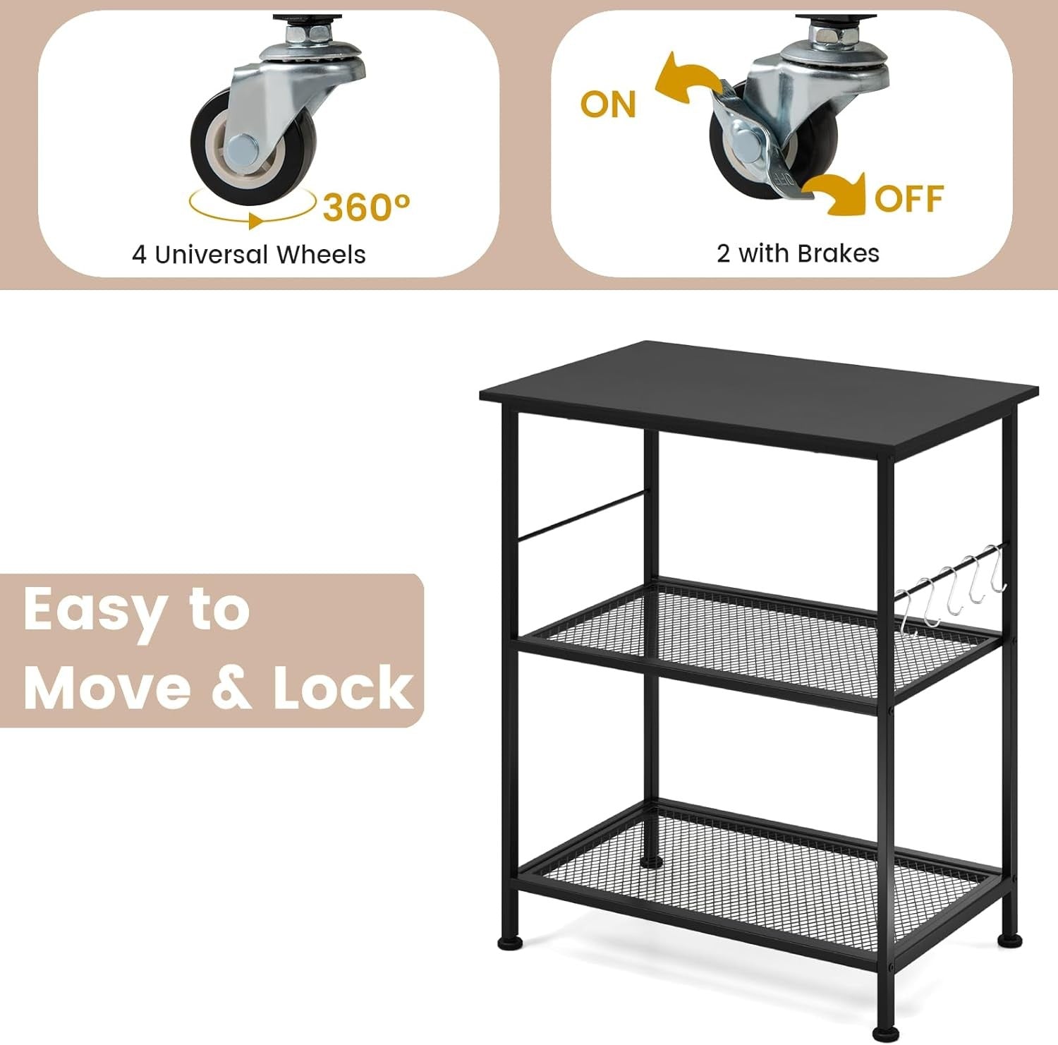 3 Tier Kitchen Trolley on Wheels Microwave Stand Metal Storage Cart