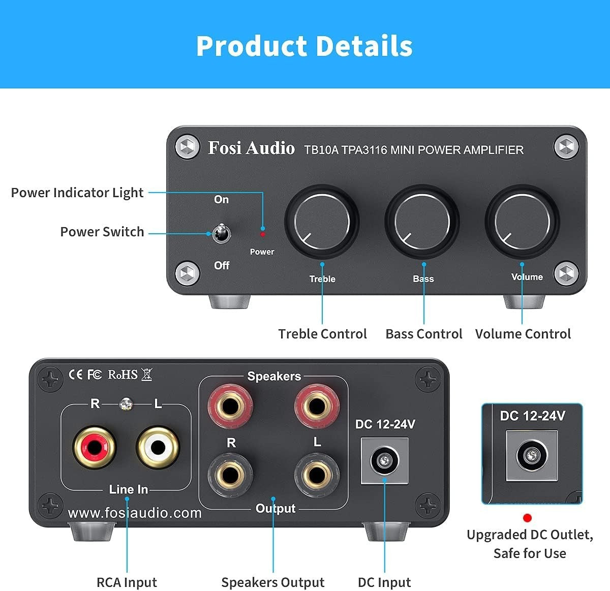 100W x2 Mini Stereo Amplifier HiFi Class D Speaker Amp Bass Treble