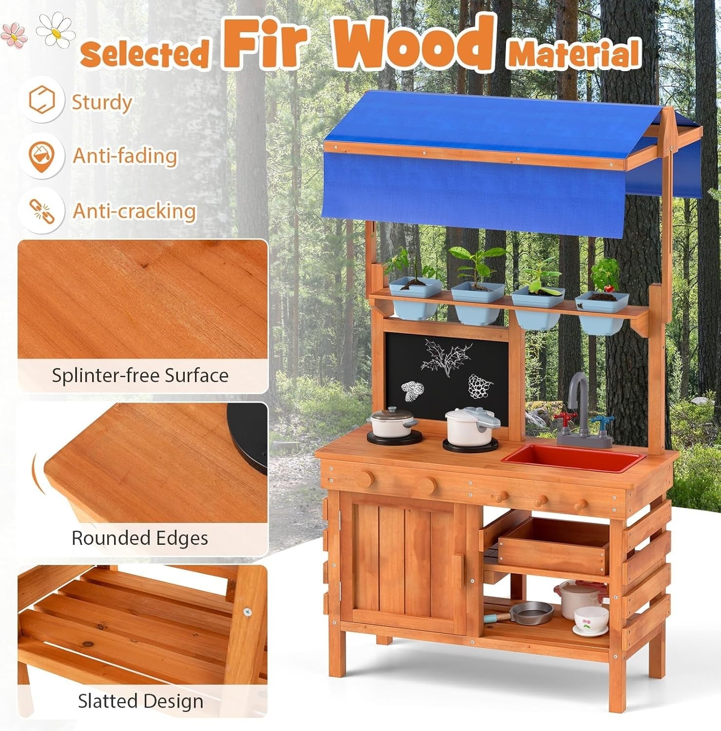 Kids Mud Kitchen Outdoor Wooden Potting Bench Sink Canopy Toy Set