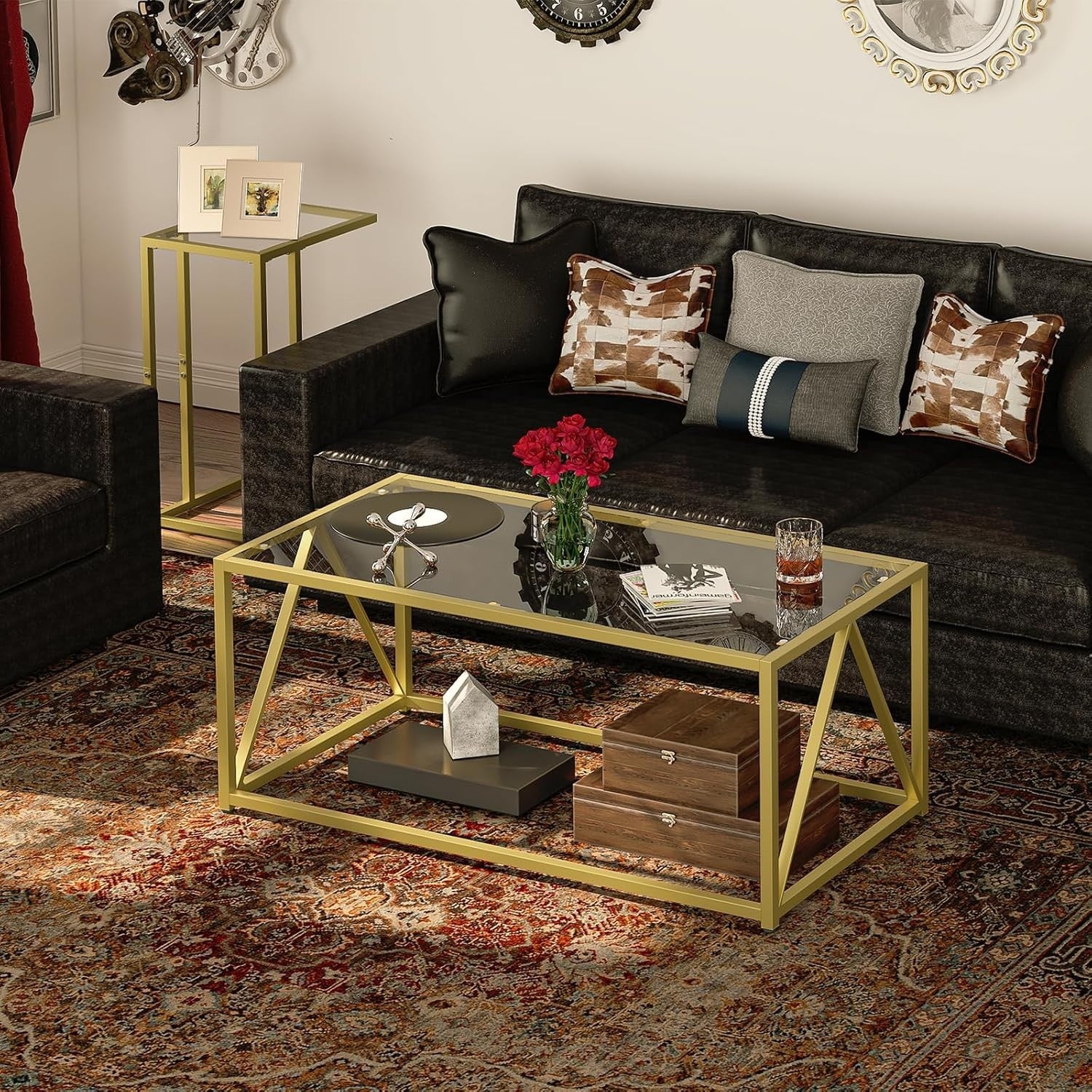 Modern Gold Glass Coffee Table, 100x50cm, Metal Frame, Easy Assembly