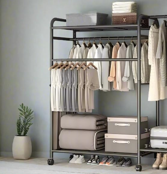 INDOORIST Heavy Duty Double Clothes Rail Rack with Shelves Wardrobe