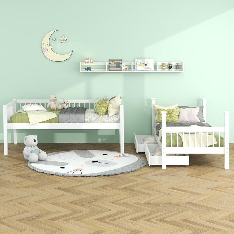3FT Pine Bunk Bed Kids White Single with Storage Drawers & Shelf 90x190cm