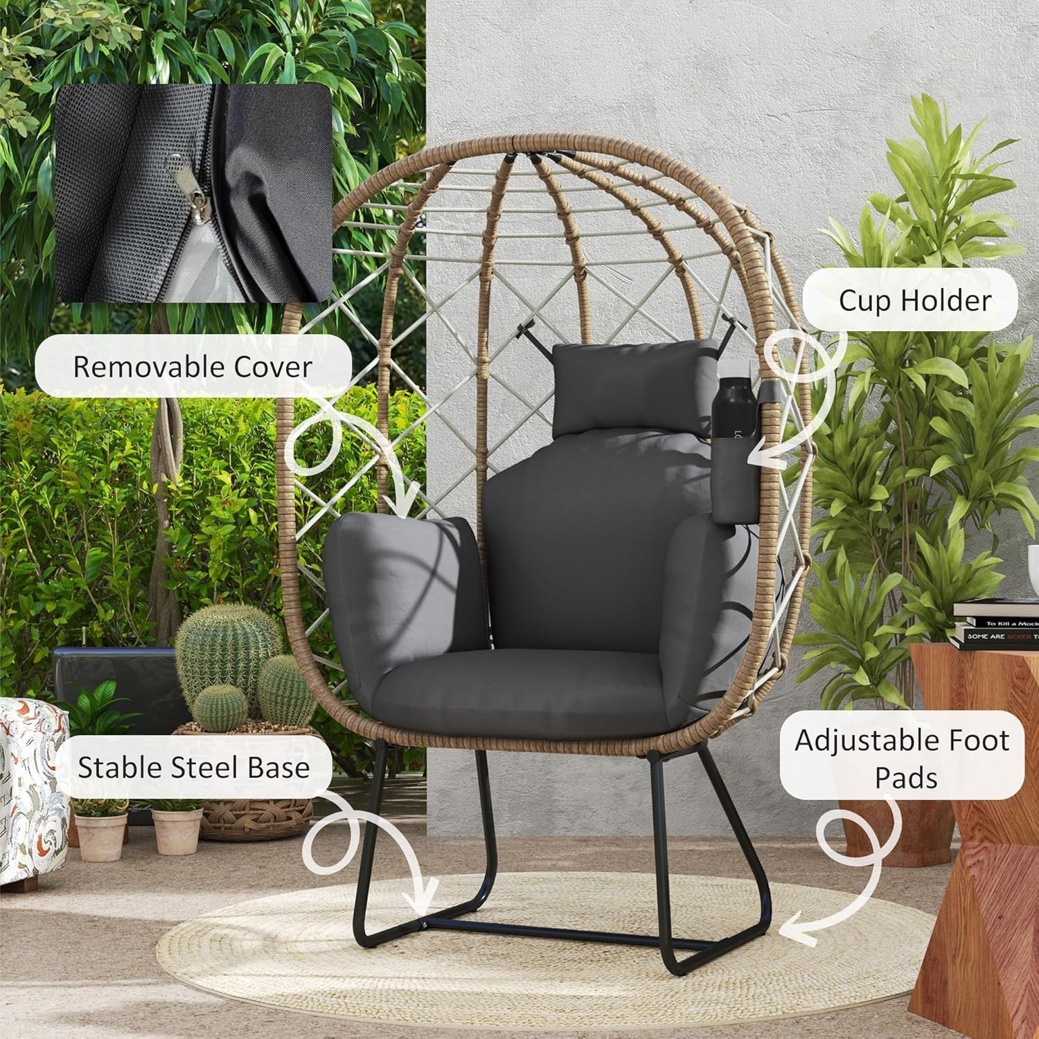 Rattan Egg Chair Outdoor Indoor Standing Wicker Lounge Chair with Cushion