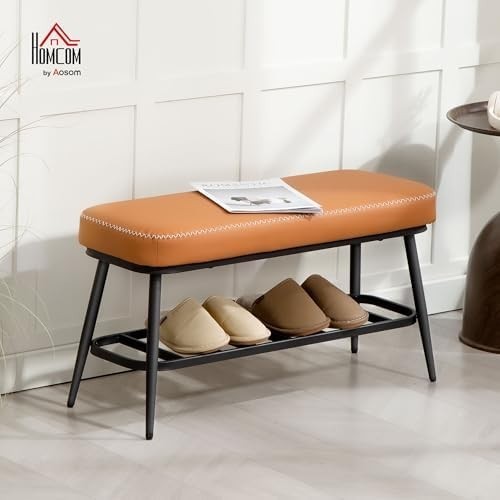 Brown PU Leather Shoe Storage Bench with Cushion Seat & Metal Frame Entryway