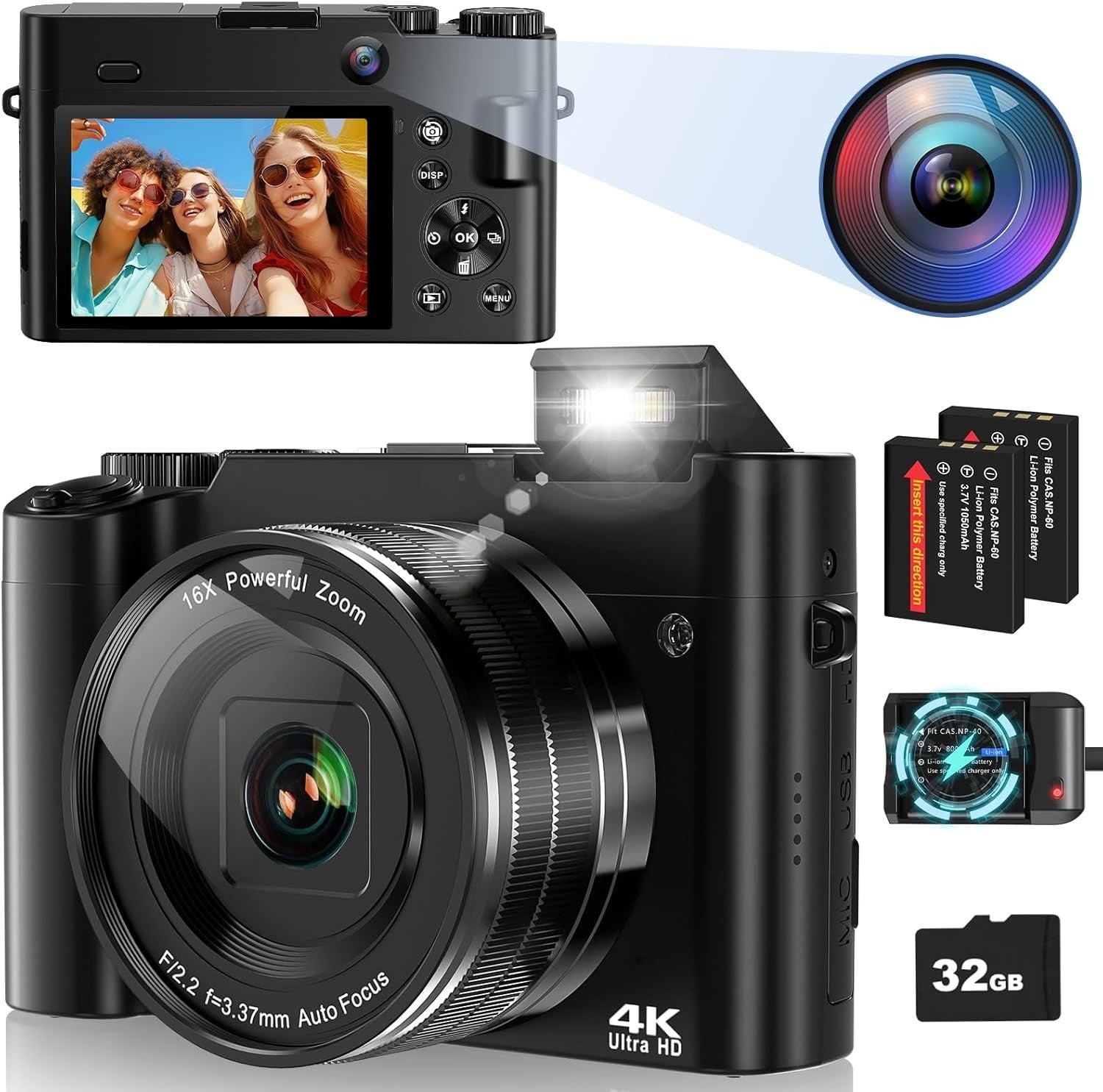 4K 64MP Digital Camera Autofocus Vlogging Selfie Camera 32GB 16X Zoom
