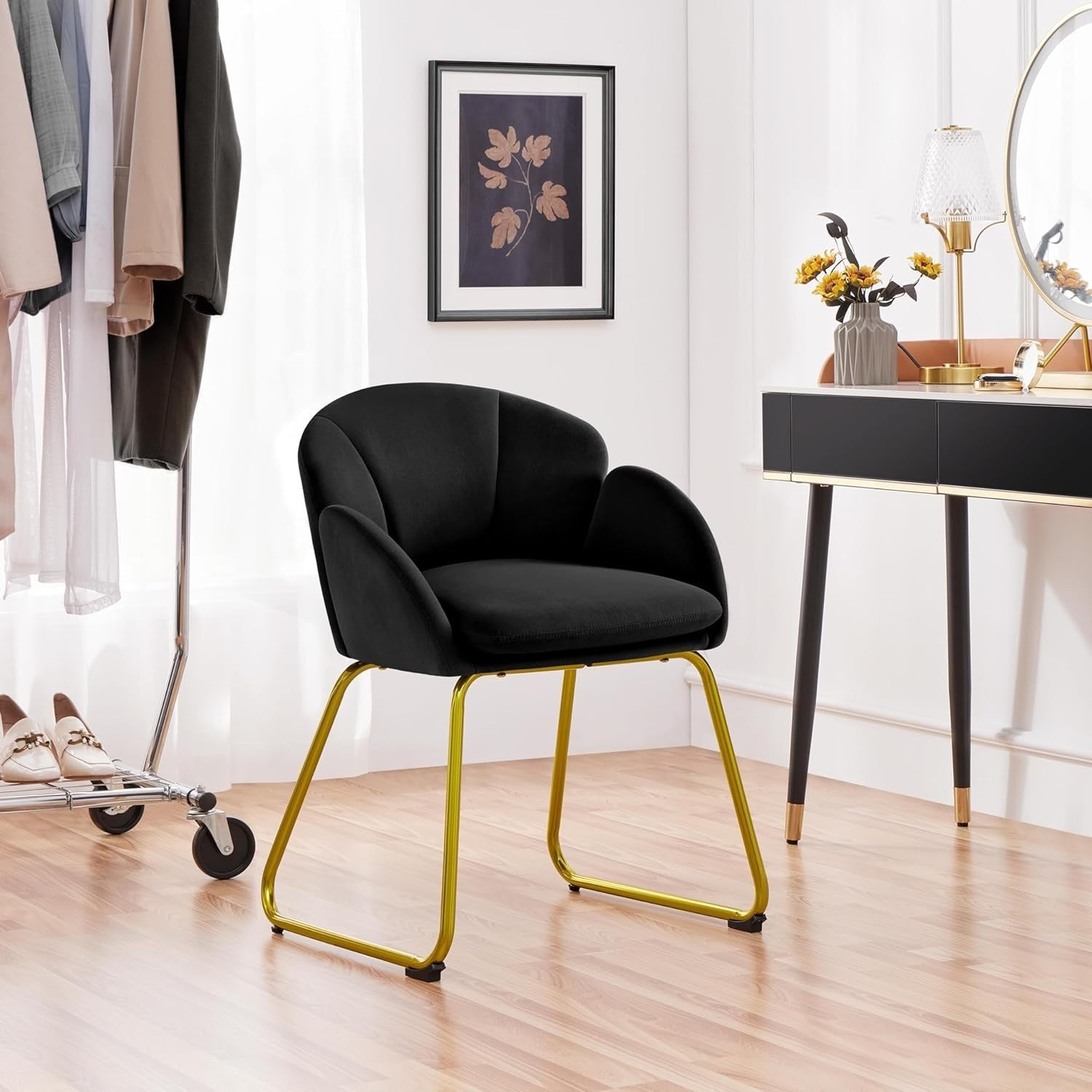 Black Velvet Tub Vanity Chair Modern Petal Accent Armchair with Gold Legs