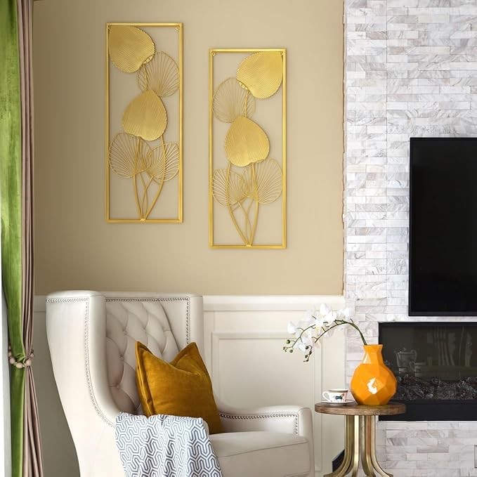 2 Pieces Metallic Leaves Wall Decor 32" X 12" Golden Wall Art Modern Sculptures