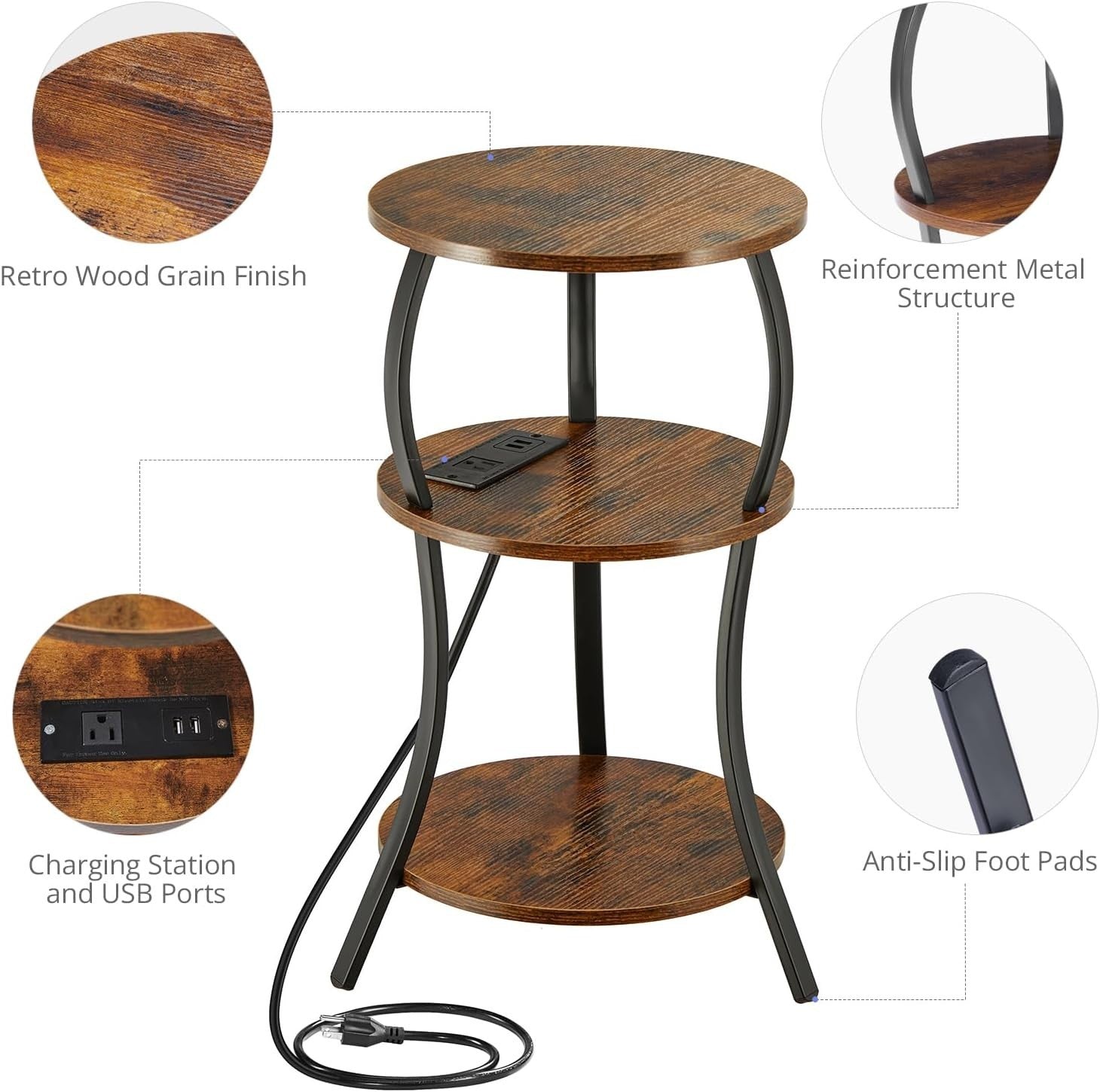 Brown 3-Tier Round Side Table 30x30x55 cm | Slim End Table w/ USB & Storage