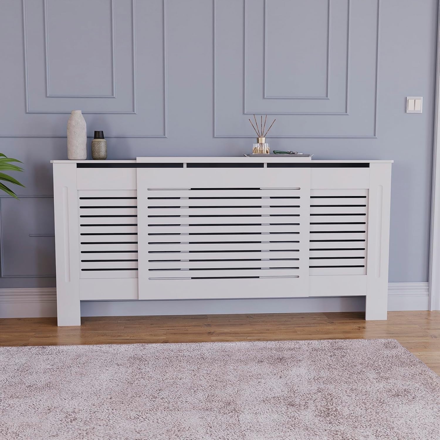 Adjustable White Radiator Cover MDF Cabinet | Modern Slatted Grill Heater Guard