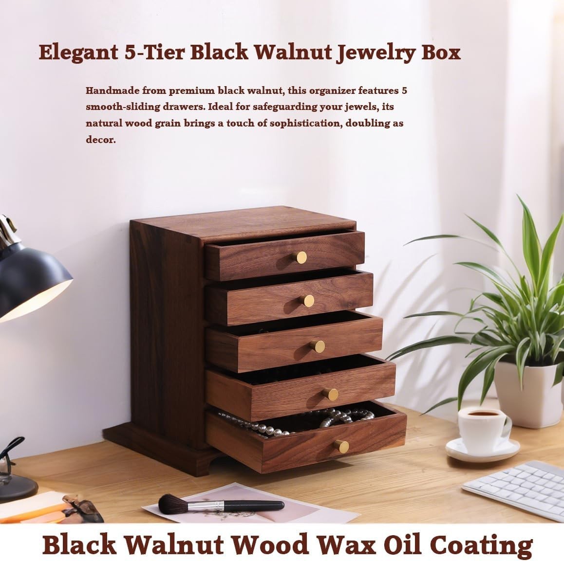 Black Walnut Jewelry Cabinet 5 Drawer Luxury Wooden Organizer Armoire