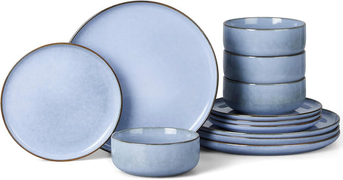 12pc Stoneware Dinner Set Lagoon Blue Plates Bowls Reactive Glaze