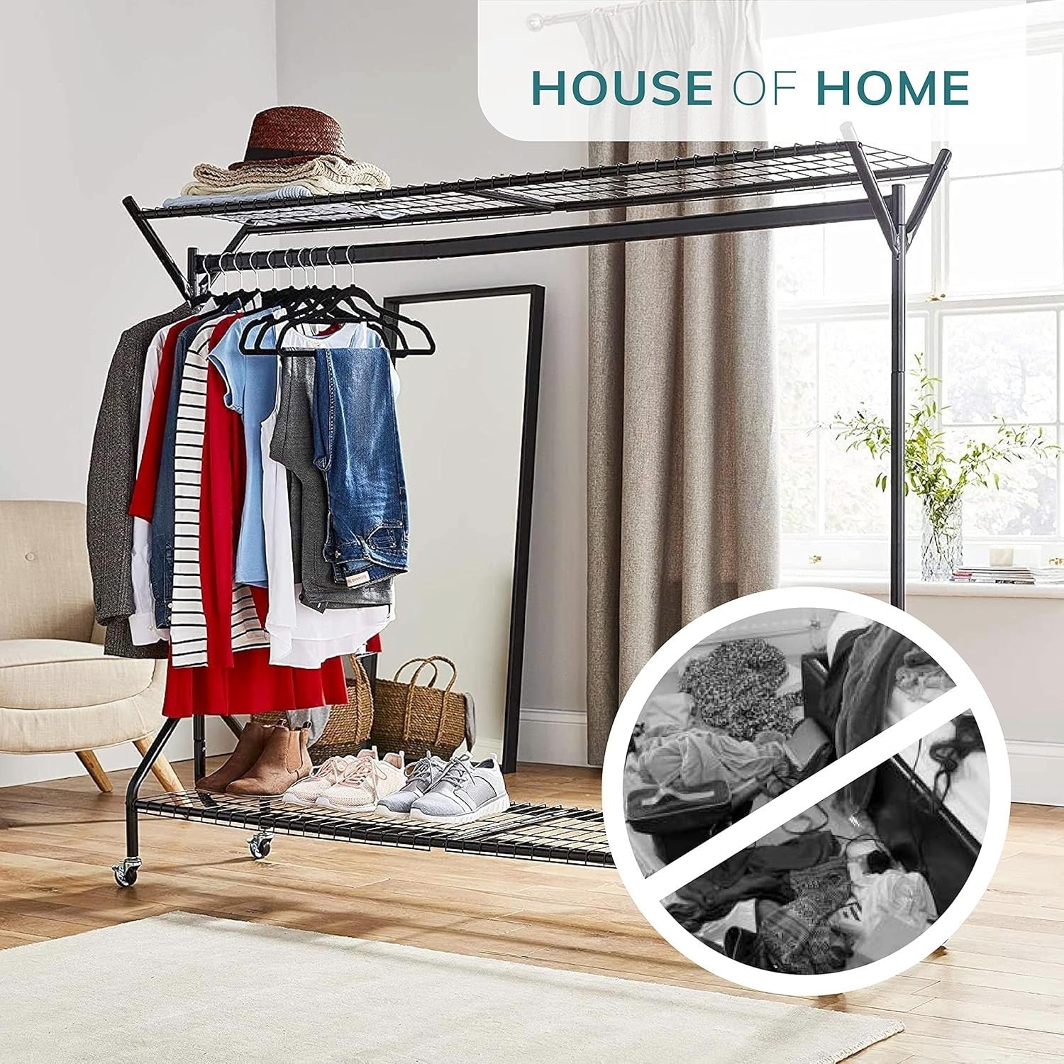 Heavy Duty 6ft Clothes Rail with Wheels & Shelves Black