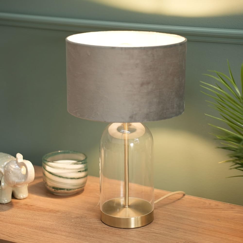 Gold Glass Table Lamp Grey Velvet Shade Bedside Desk Modern Light