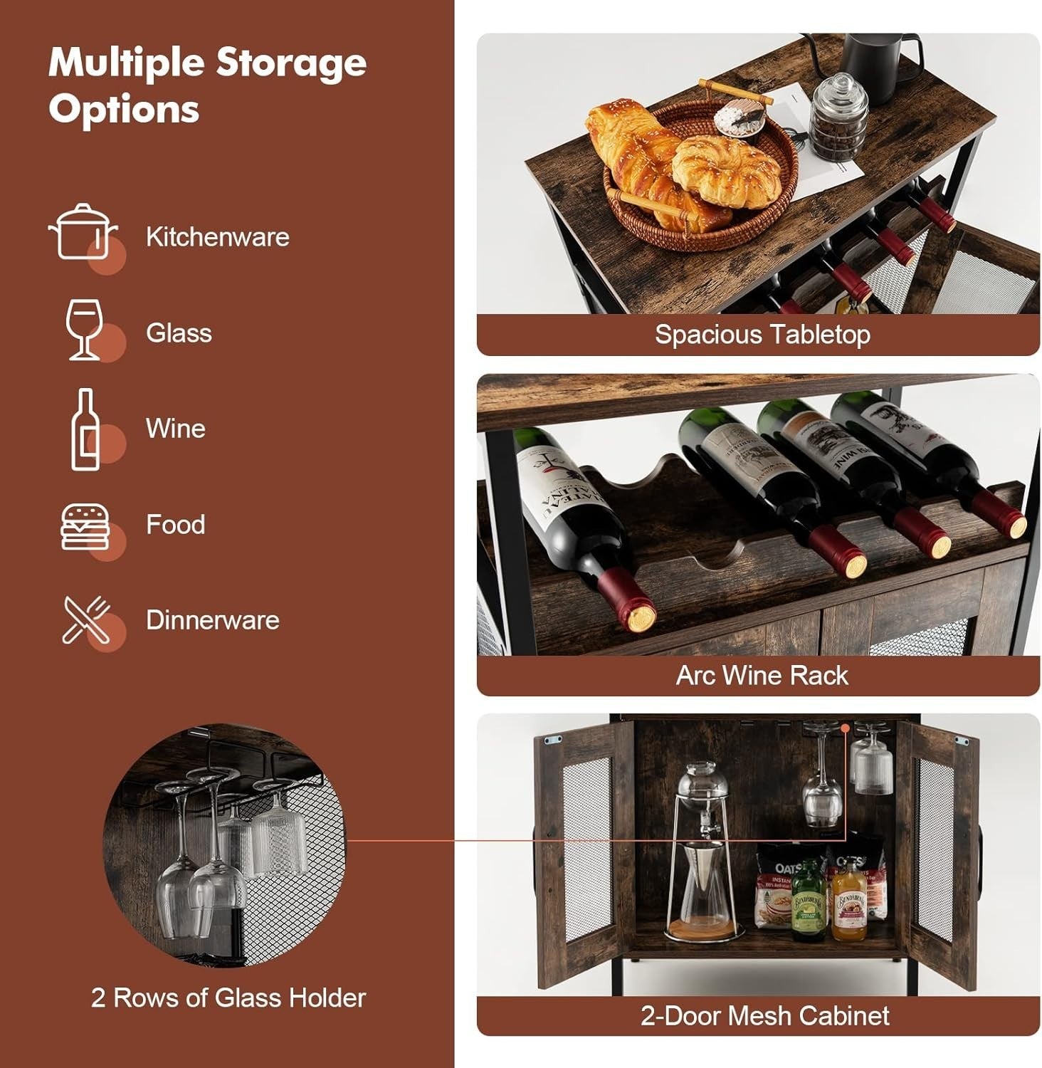 Industrial Wine Bar Cabinet Sideboard with Wine Rack & Glass Holder Rustic Brown
