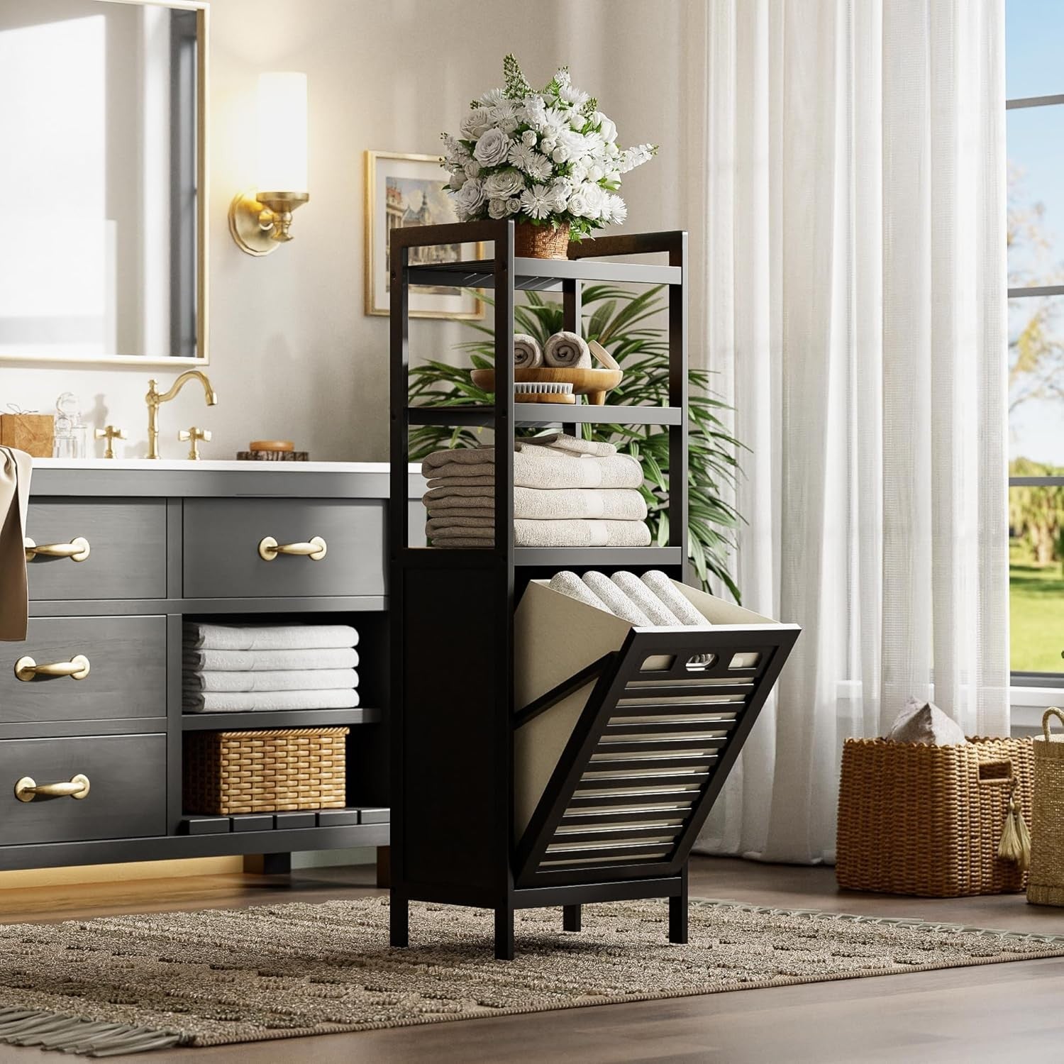 Tilt Out Laundry Hamper Cabinet with Bamboo Shelves 32L Basket Black
