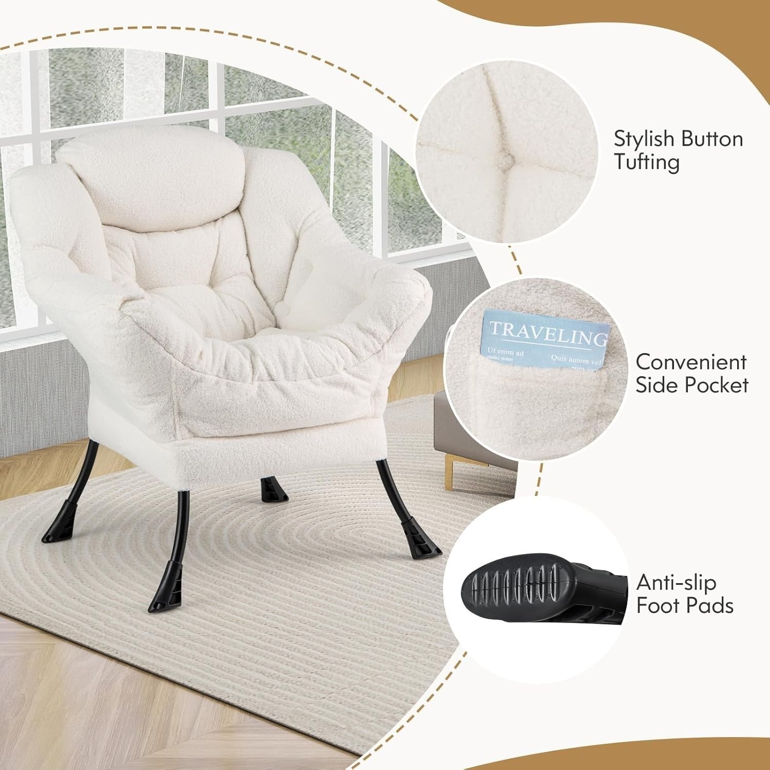 Beige Sherpa Armchair w/ Footstool Comfy Reading Chair Sofa Lounge Seat