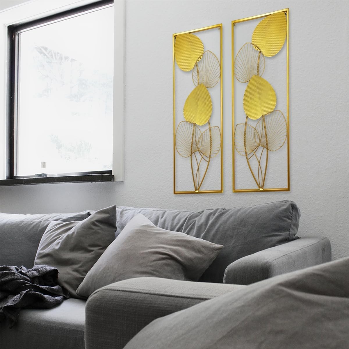 2Pcs Gold Metal Leaf Wall Art 32x12in Framed Panels