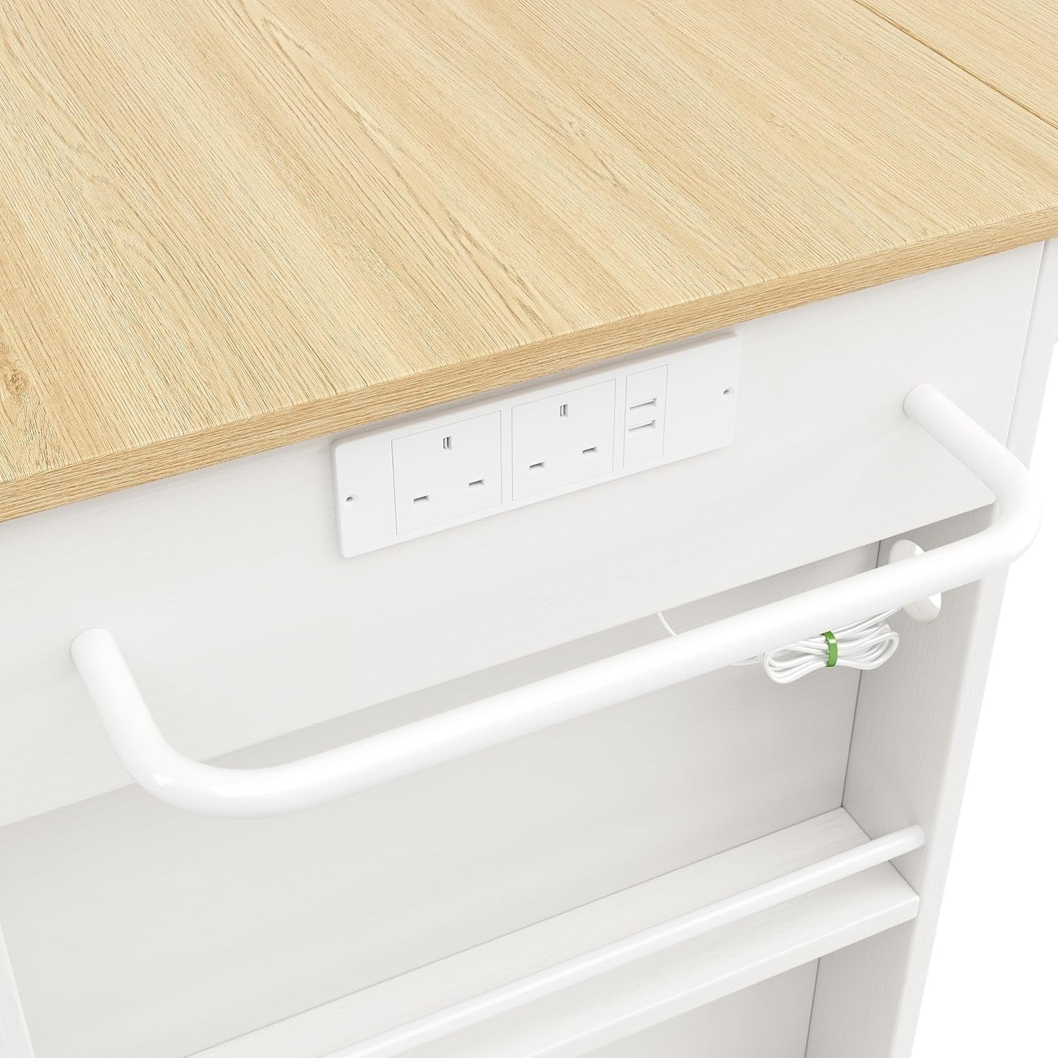 Kitchen Island Trolley with Drawers, Wine Rack & Power Strip, White 151.5x59.7x9