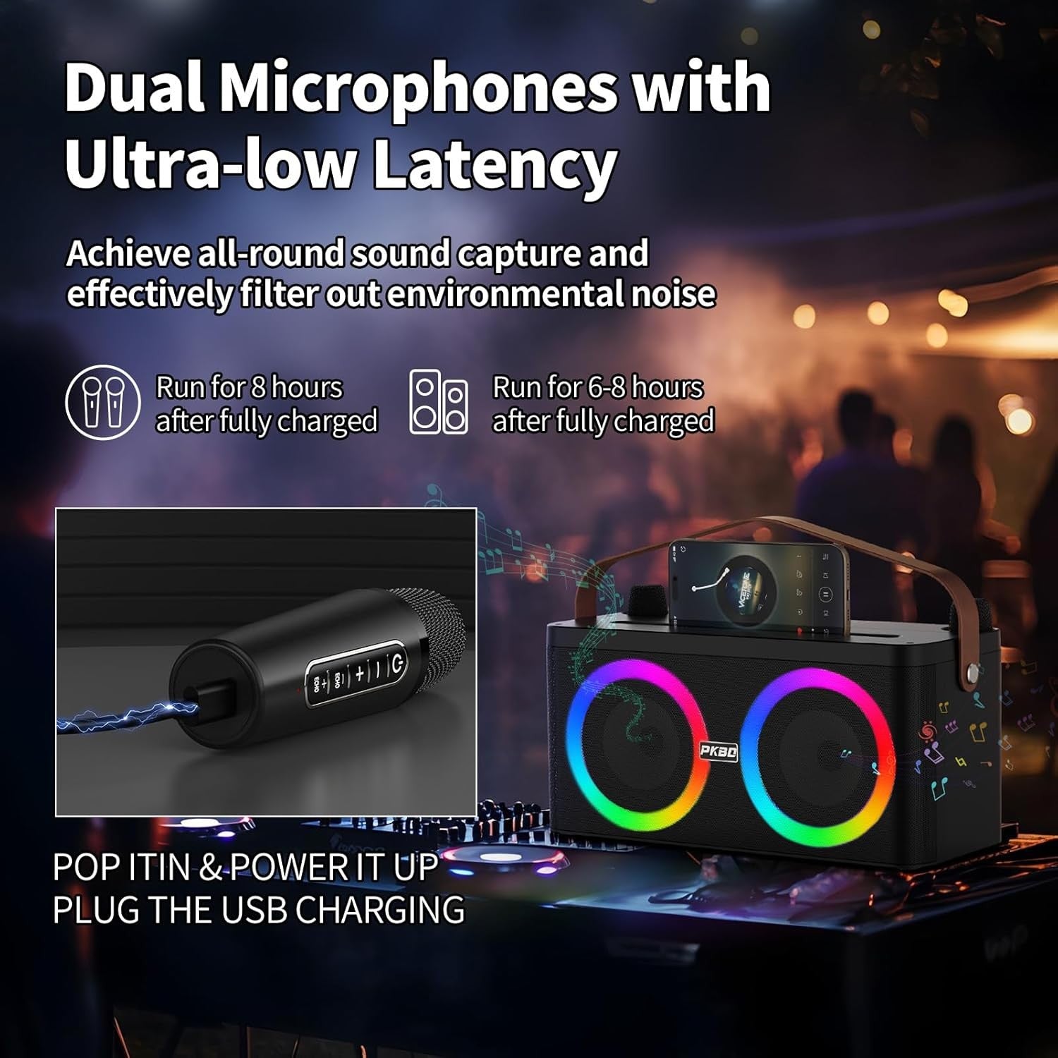 Bluetooth Karaoke Machine with 2 Wireless Mics LED PA Speaker