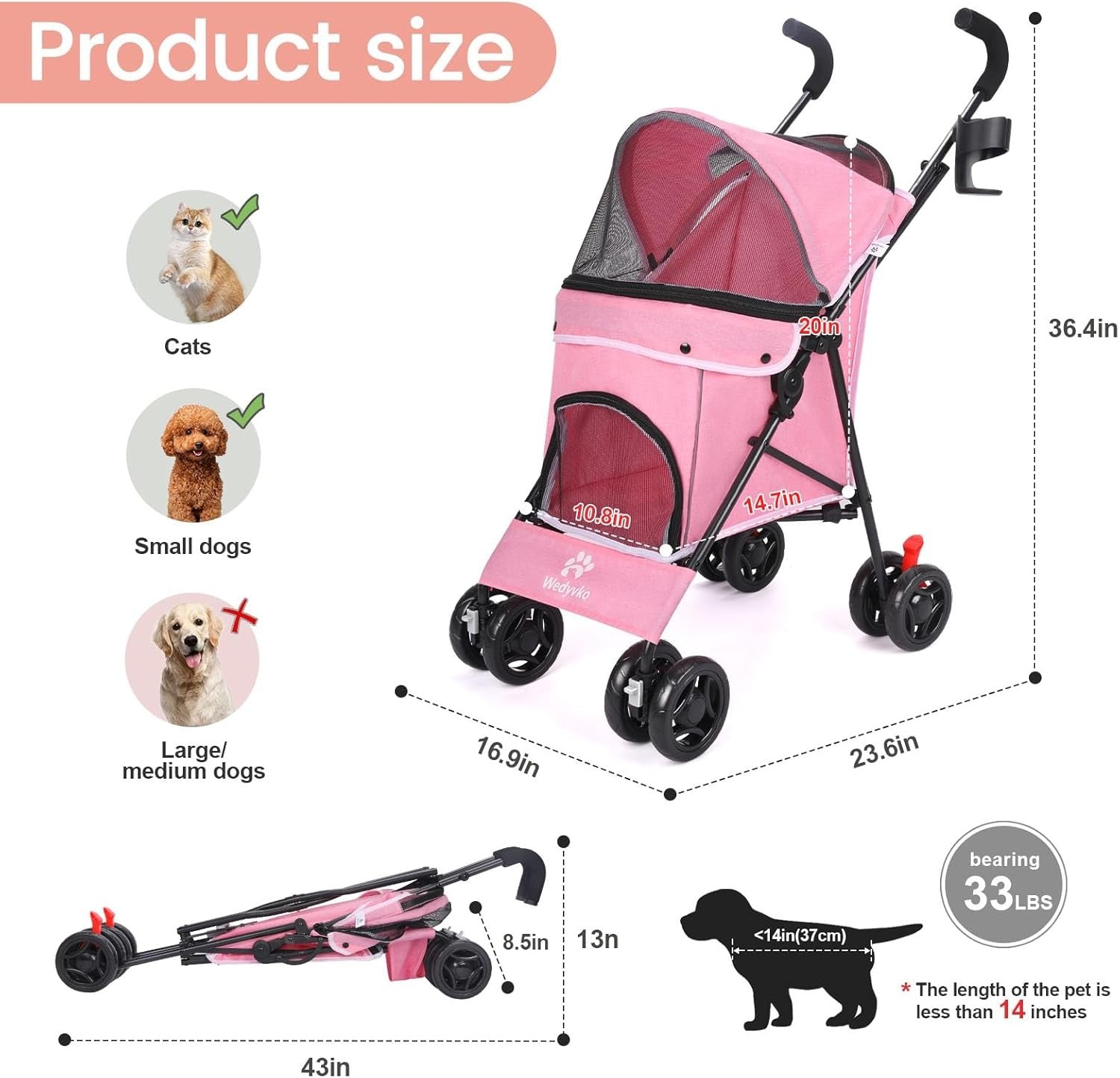 Pet Stroller for Dogs Cats 4 Wheel Foldable Travel Pushchair Detachable