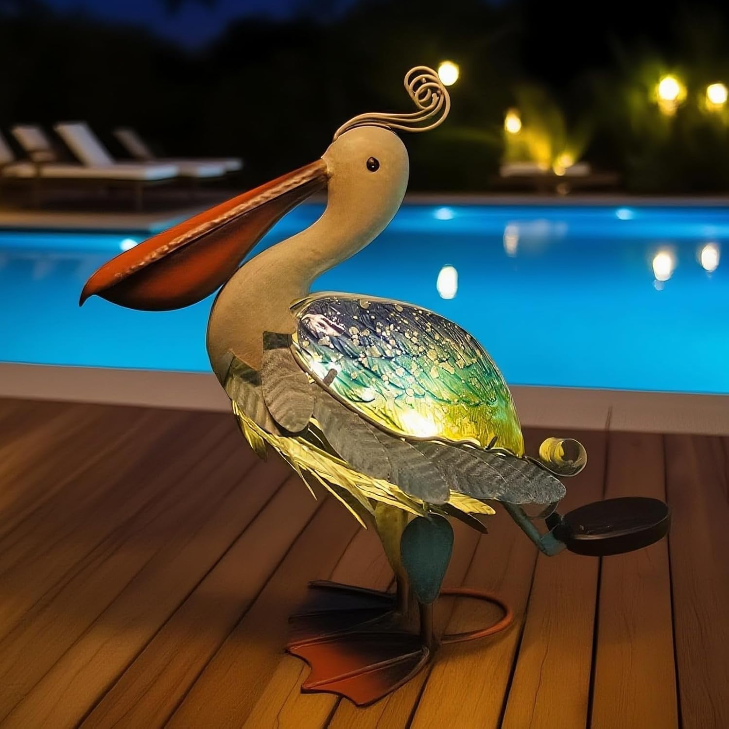 Solar Pelican Garden Ornament Metal LED Light Outdoor Patio Decor 17" Coastal