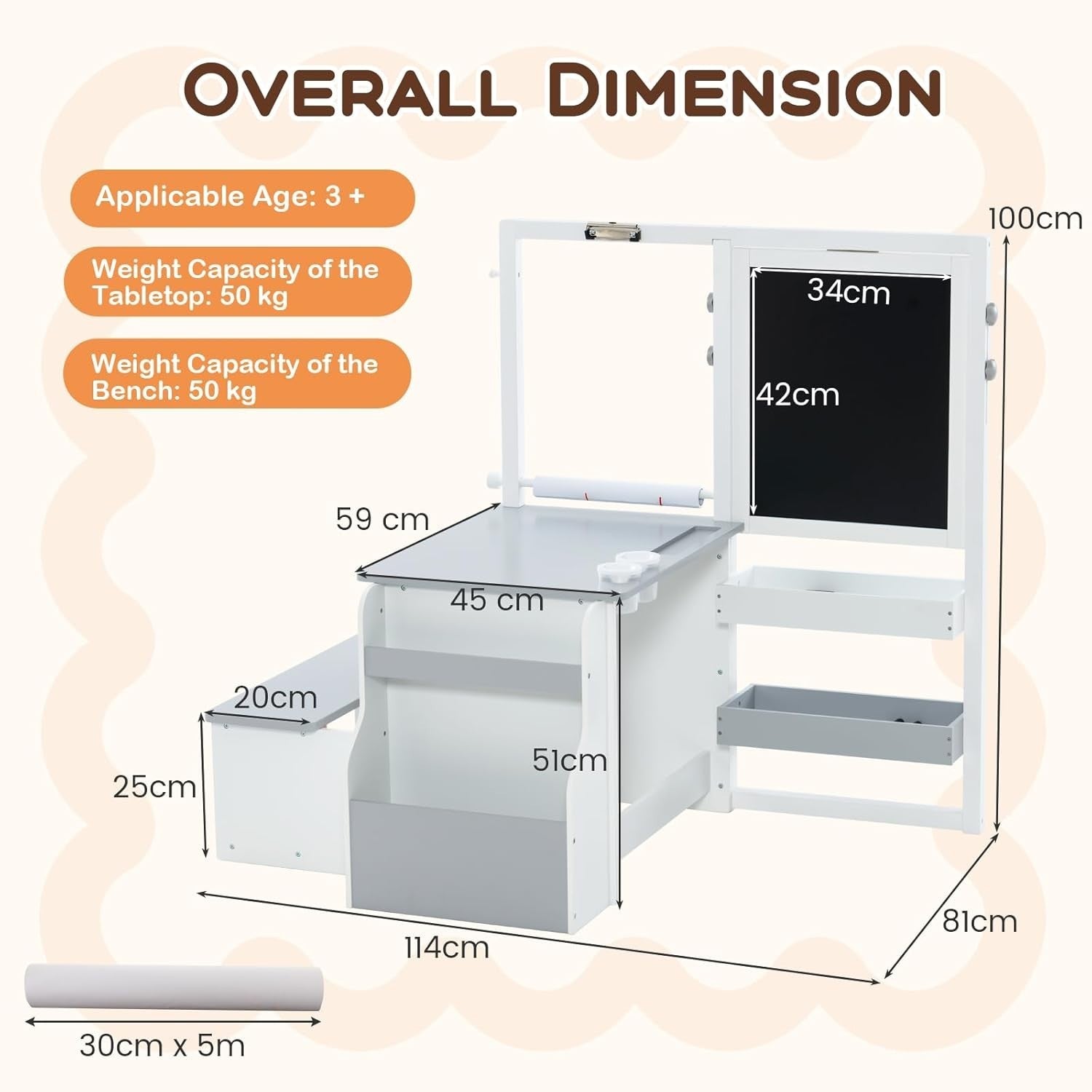 Kids 3 in 1 Art Table and Bench Set with Easel Bookshelf Grey White