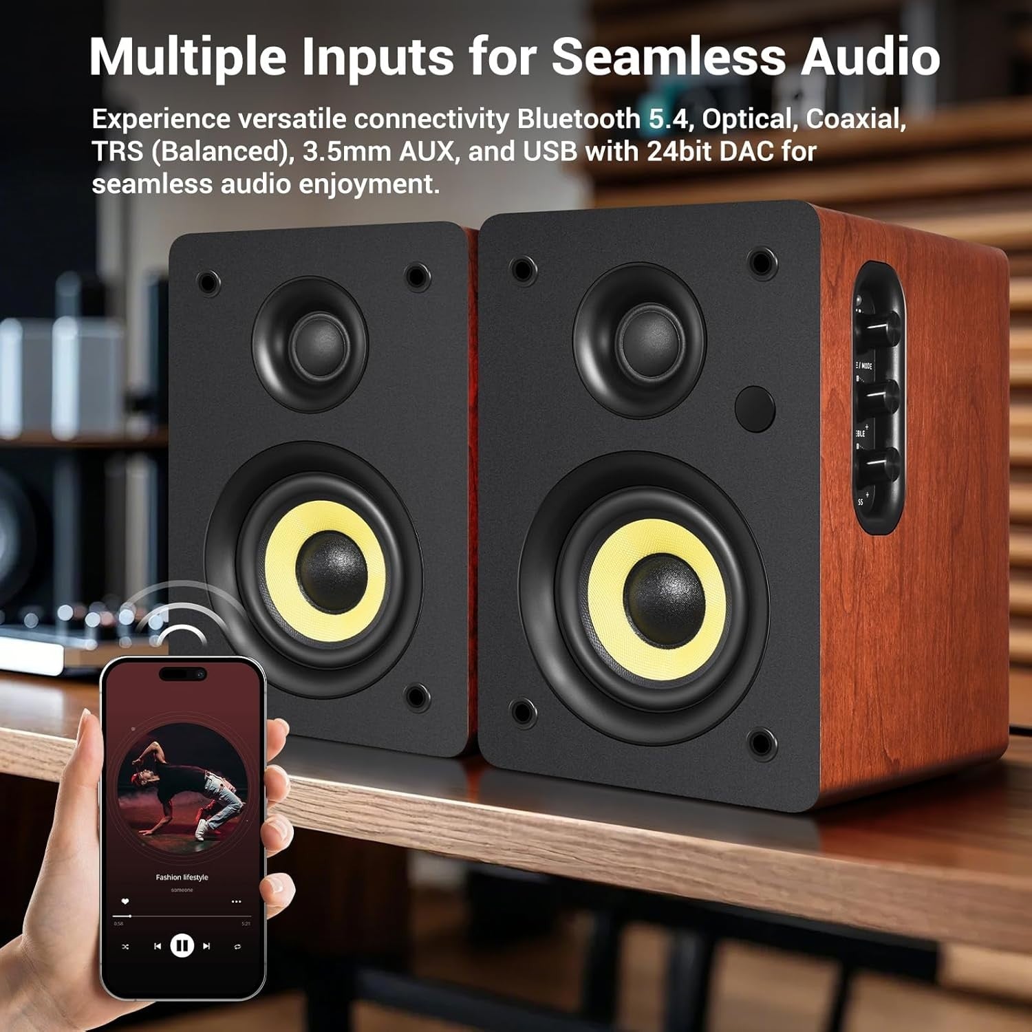 80W Bluetooth 5.4 HiFi Bookshelf Speakers Studio Monitor Wood Cabinet 24bit DAC