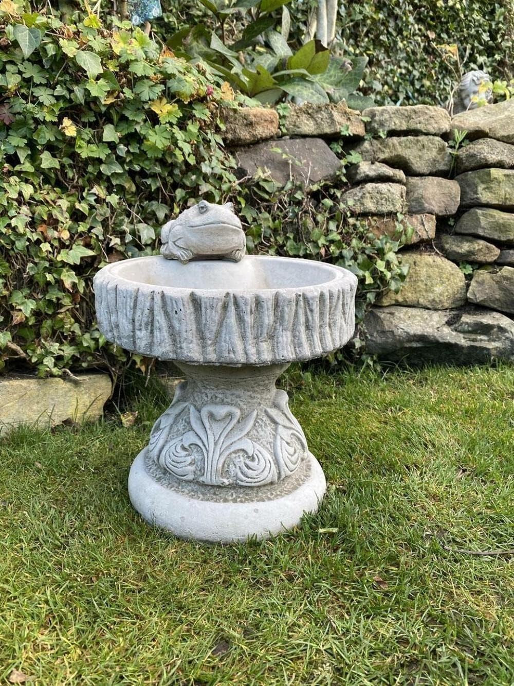 Round Stone Bird Bath with Frog | Hand Finished Garden Ornament Sculpture
