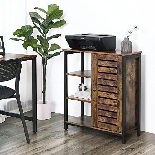 Rustic Wood & Metal Storage Cabinet – 3-Tier Bookshelf with Slatted Door
