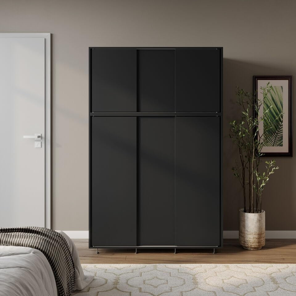 6-Door Black Sliding Wardrobe with Adjustable Feet & Spacious Bedroom Storage
