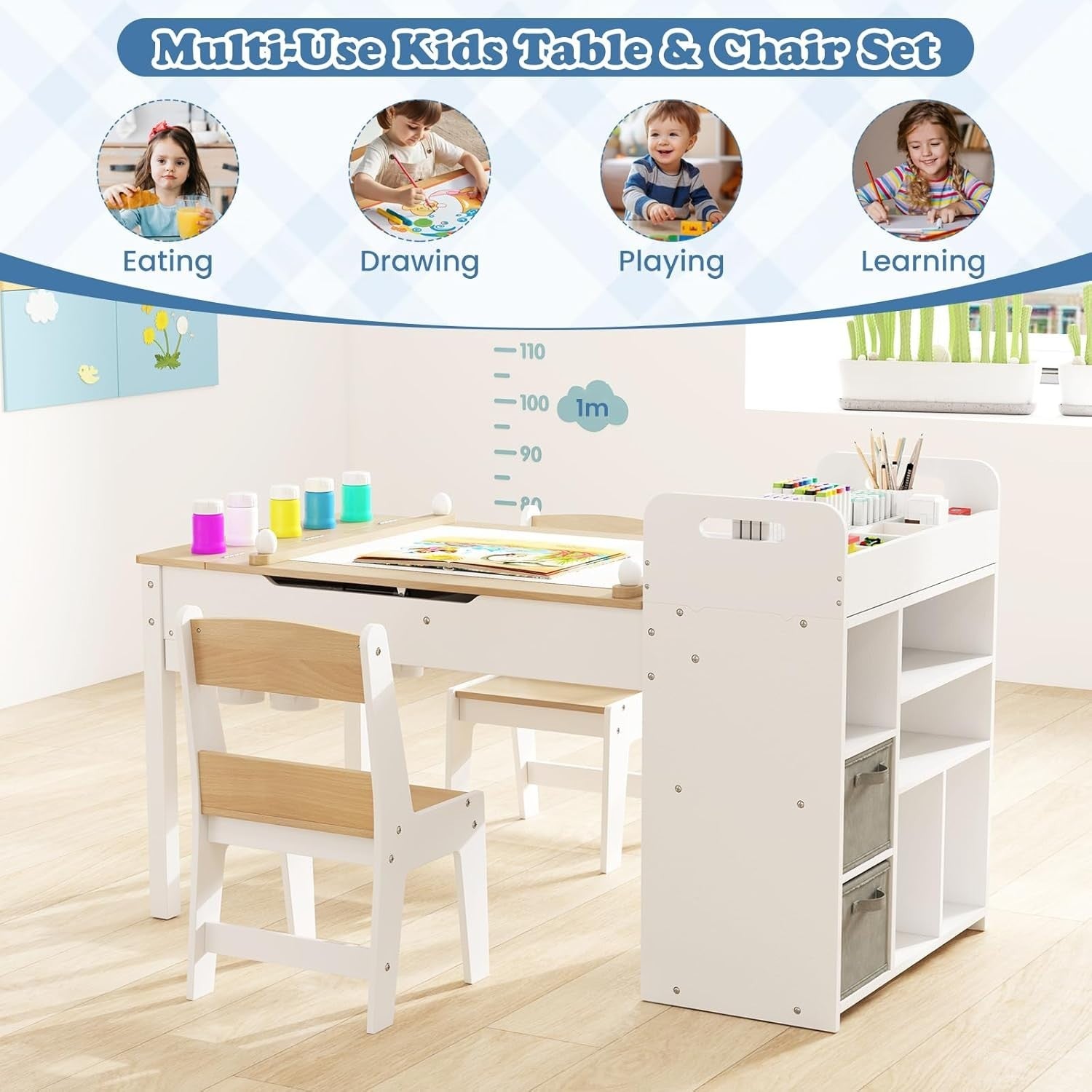 Kids Wooden Art Table and Chairs Set w/ Flip Top Easel Paper Roll Storage White