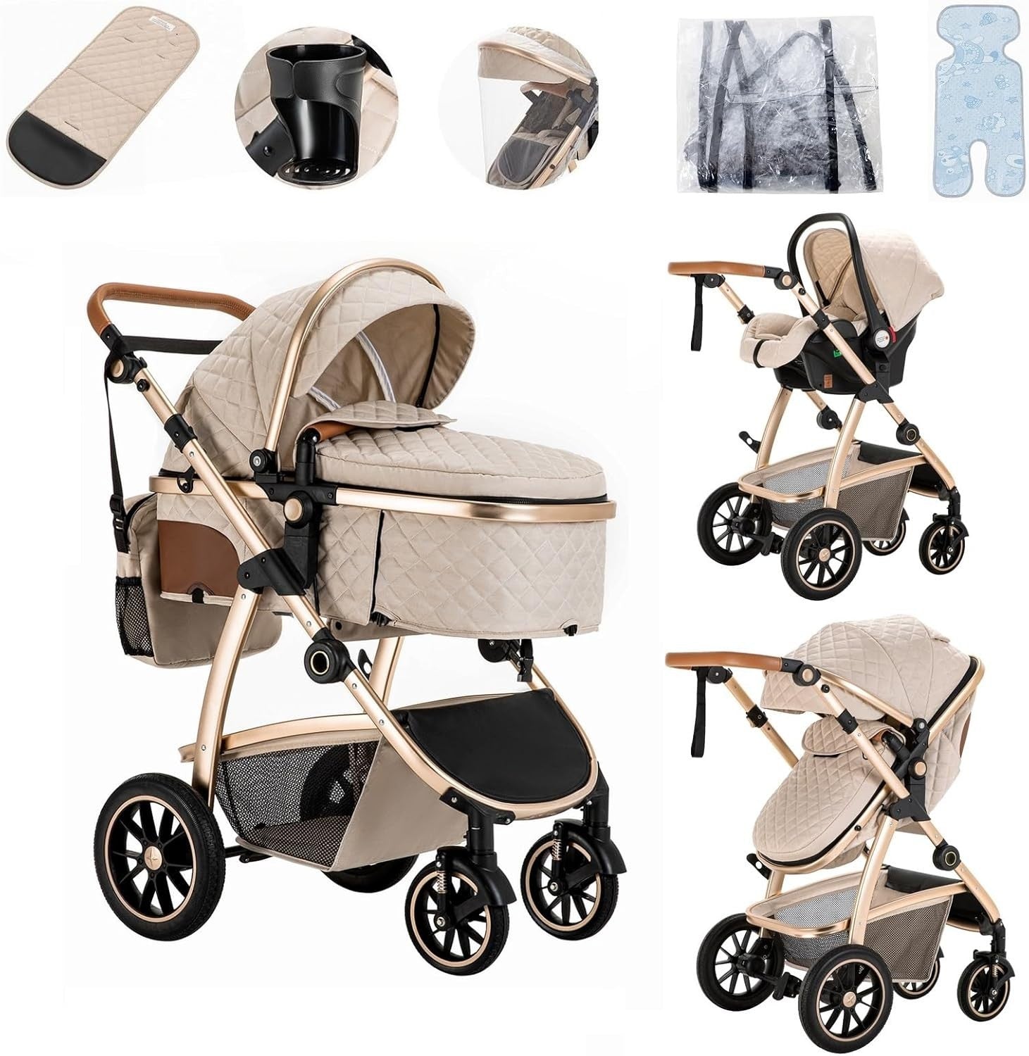 3 in 1 Baby Stroller Travel System Car Seat Pram Adjustable Handle Beige