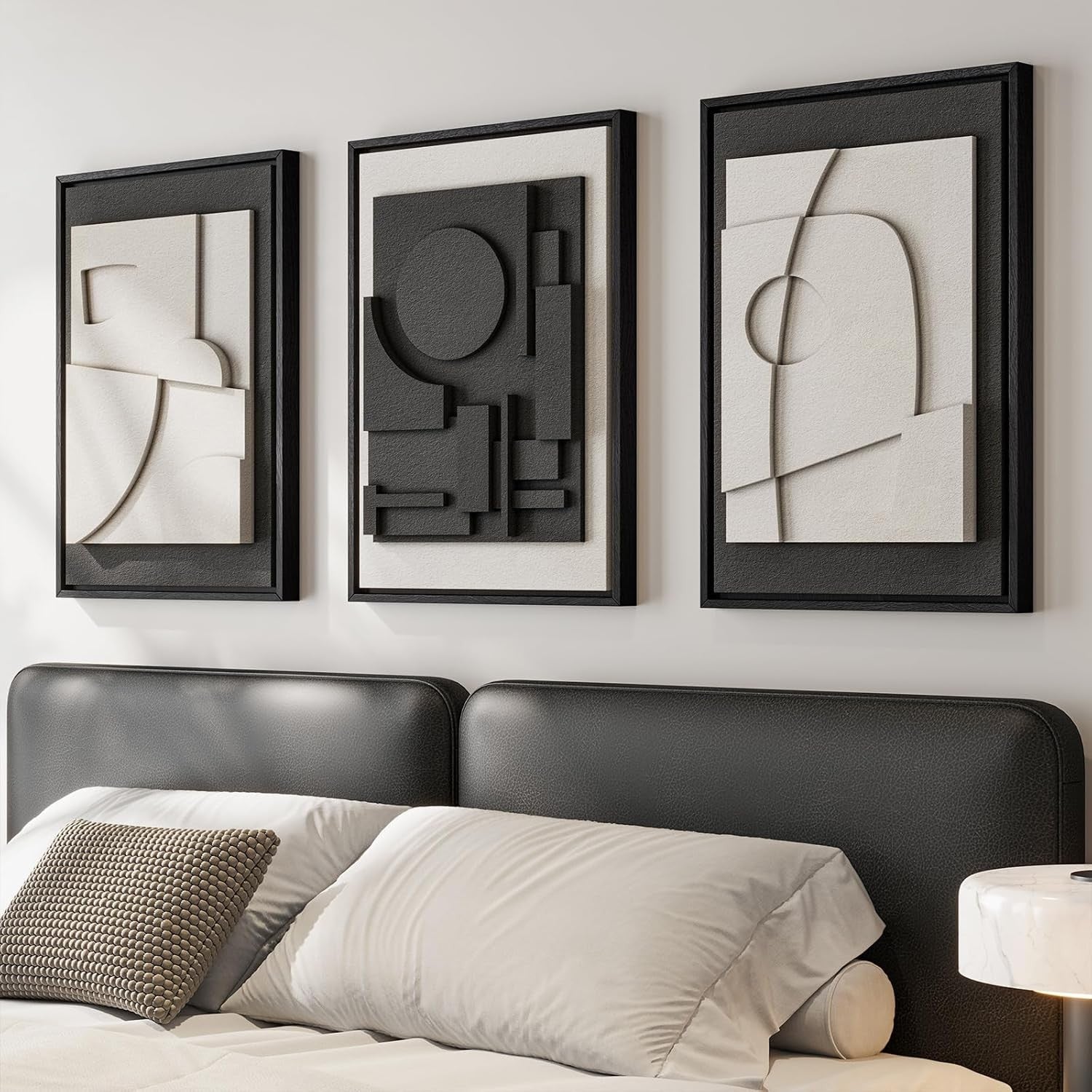 3D Textured Black White Abstract Wall Art Set 3 Framed 16x24