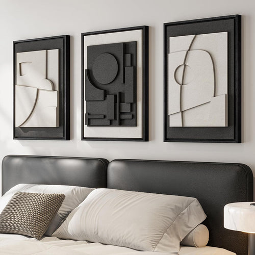 3D Textured Black White Abstract Wall Art Set 3 Framed 16x24
