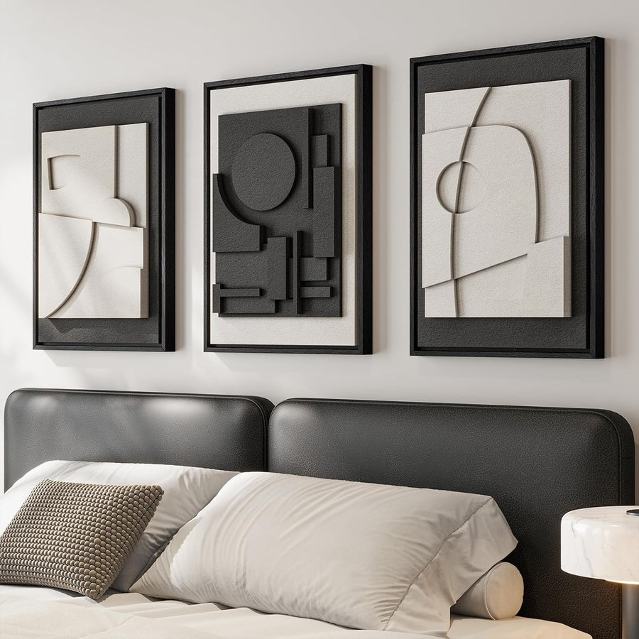 3D Textured Black White Abstract Wall Art Set 3 Framed 16x24