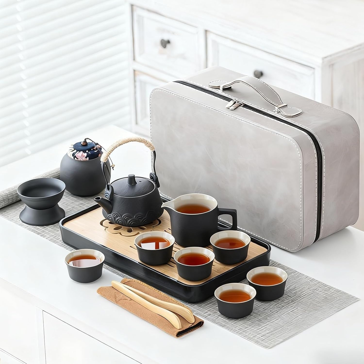 14Pc Gongfu Tea Set Ceramic Teapot Cups Tray Strainer Travel Case