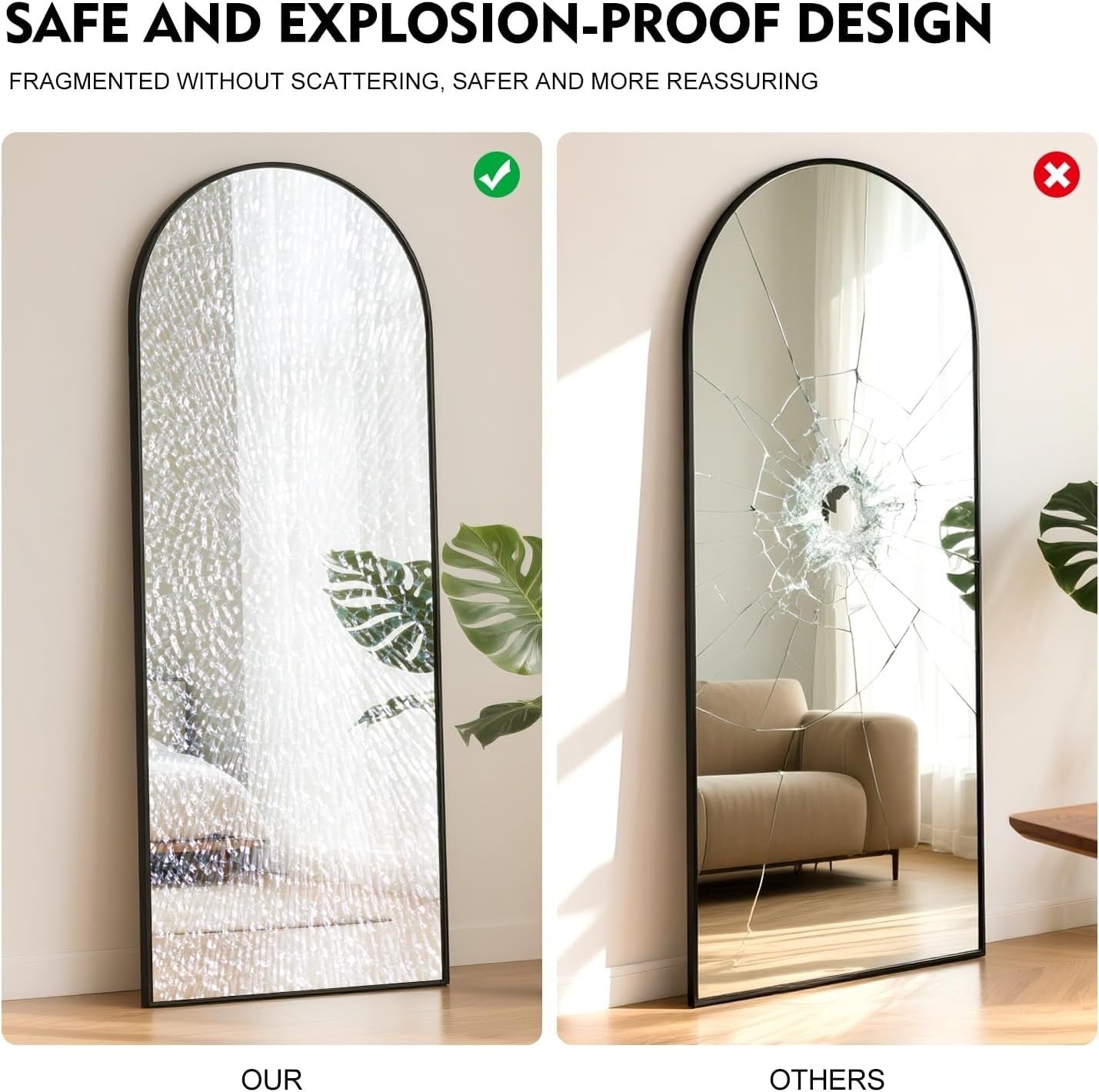 Full Length Arch Mirror 165x60cm Black Frame Tempered Glass Free Standing
