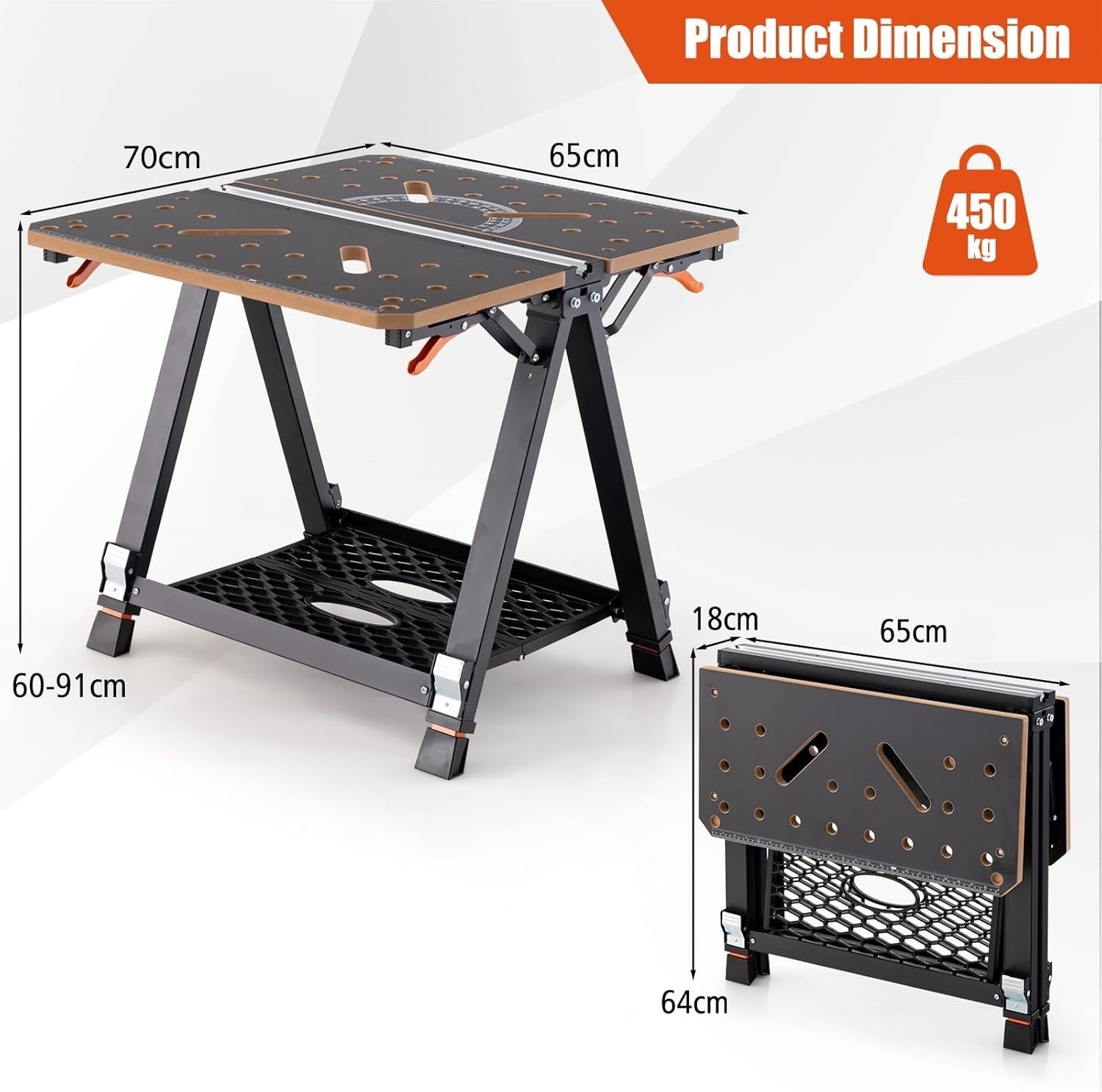 Folding Workbench 8-Height Adjustable Flip-Top Table with Clamps & Shelf