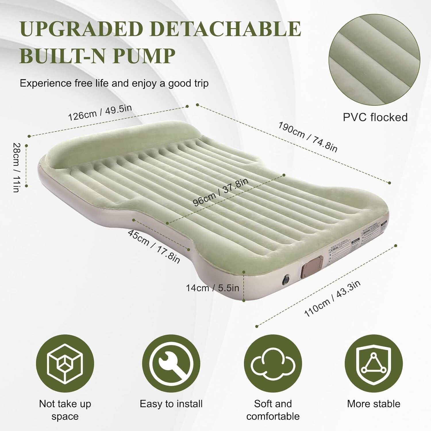 Inflatable SUV Air Mattress with Built-In Pump Thick Flocked Travel Bed