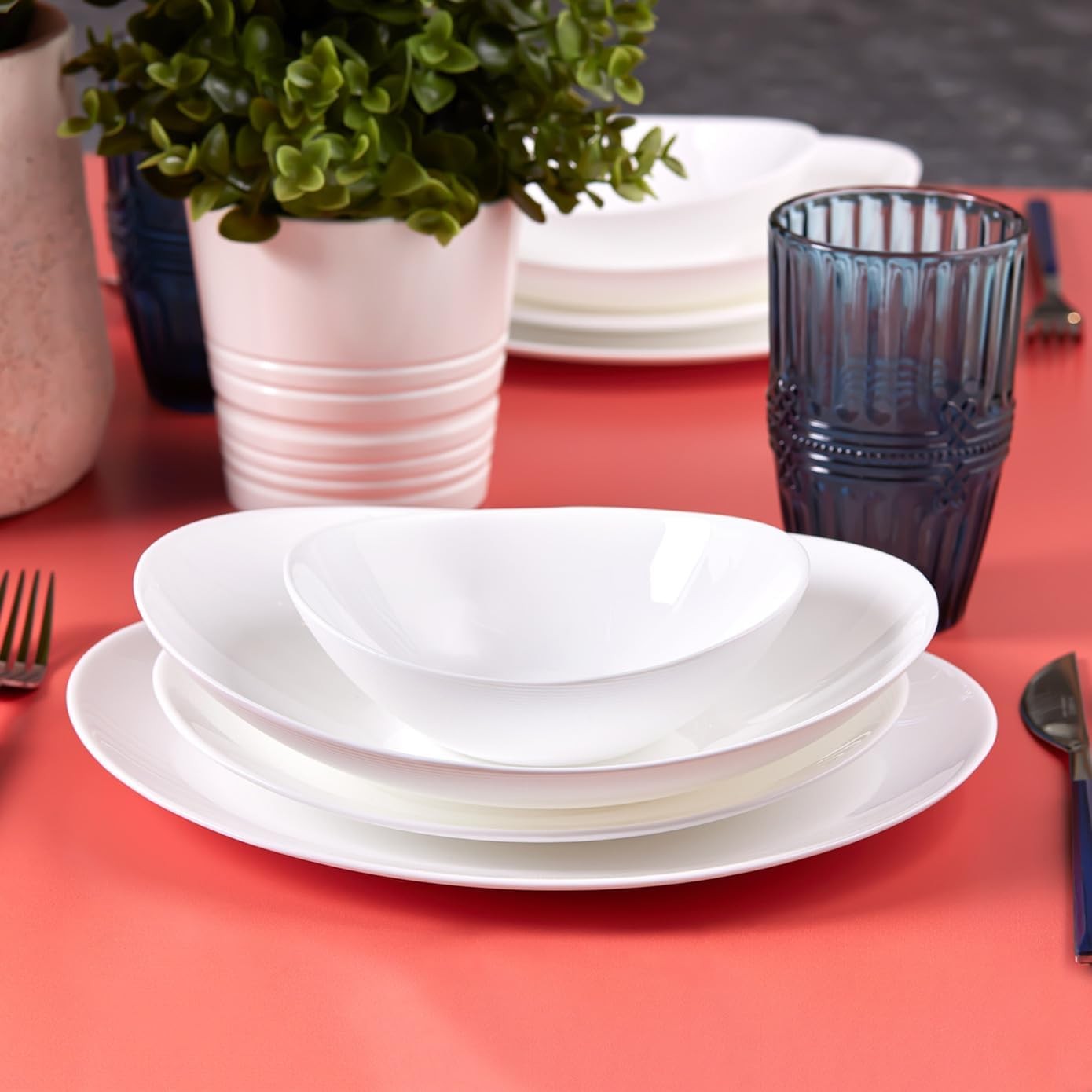 24pc Glass Dinner Set for 6 White Plates Bowls Dishwasher Safe