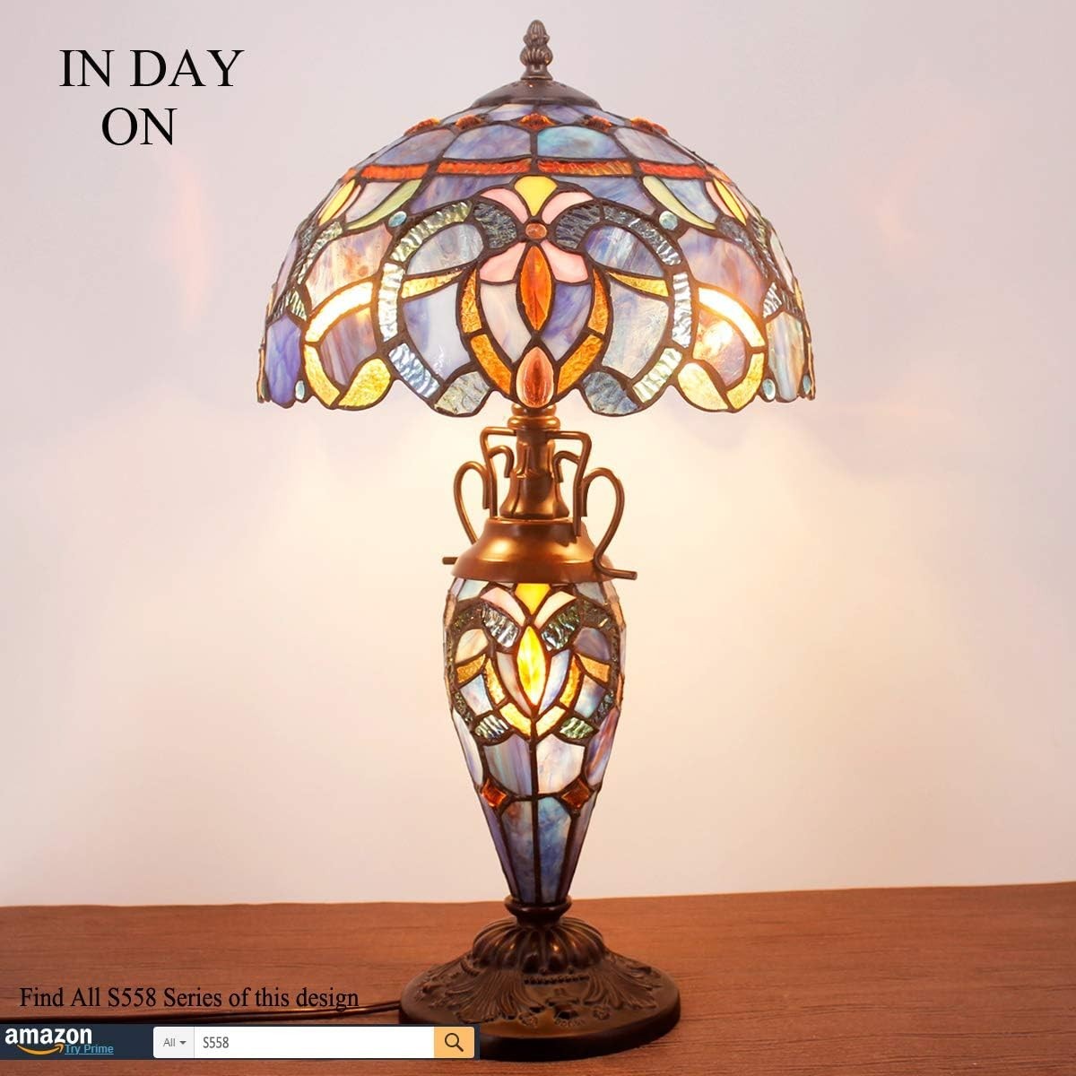 Stained Glass Tiffany Table Lamp with 3 Adjustable LED Lights & Bronze Base