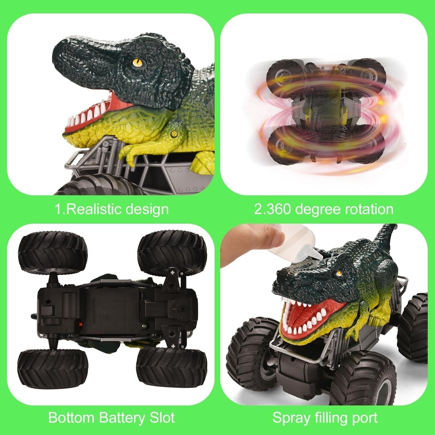 1:16 Dinosaur RC Car Monster Truck Spray Roar LED Lights Gift for Kids 3+