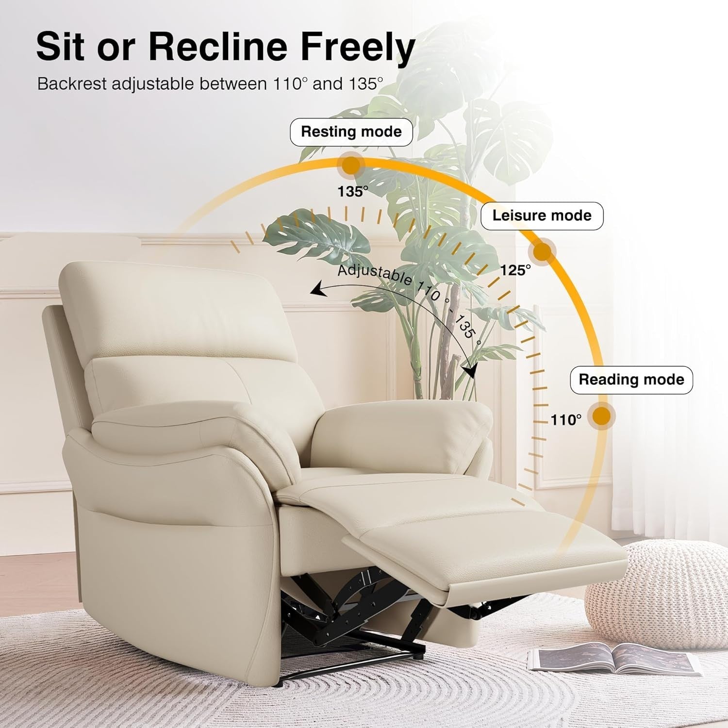 Genuine Leather Recliner Chair Biege, Ergonomic Living Room Sofa