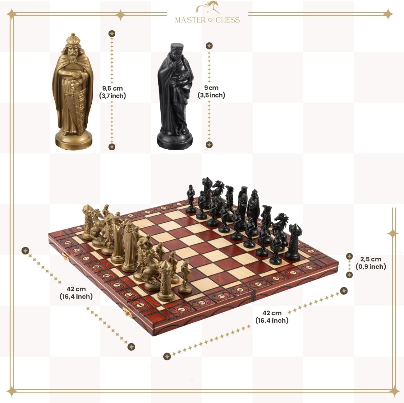 Luxury Medieval Chess Set 42cm Foldable Wooden Board Weighted Pieces Gift